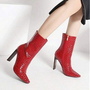 New! MackinJ Red Patent Scale-Texture Plank-Heel Mid-Calf Boot, Women's 8